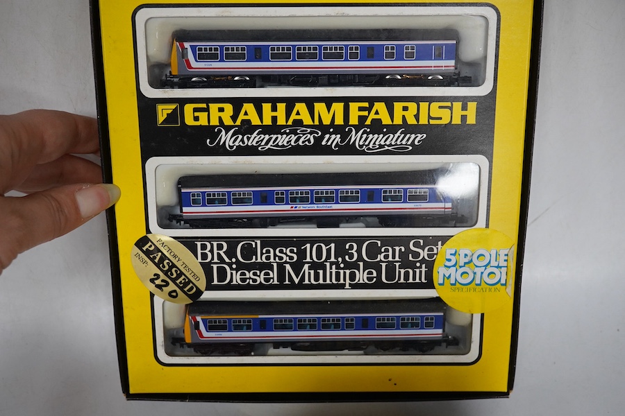 Four boxed Graham Farish N gauge railway Class 101 train packs; a BR Regional Railways 2-car DMU (8131), a Strathclyde 3-car DMU (814A), a BR 3-car DMU (8143) and a Network SouthEast 3-car DMU (8148). Condition - good.